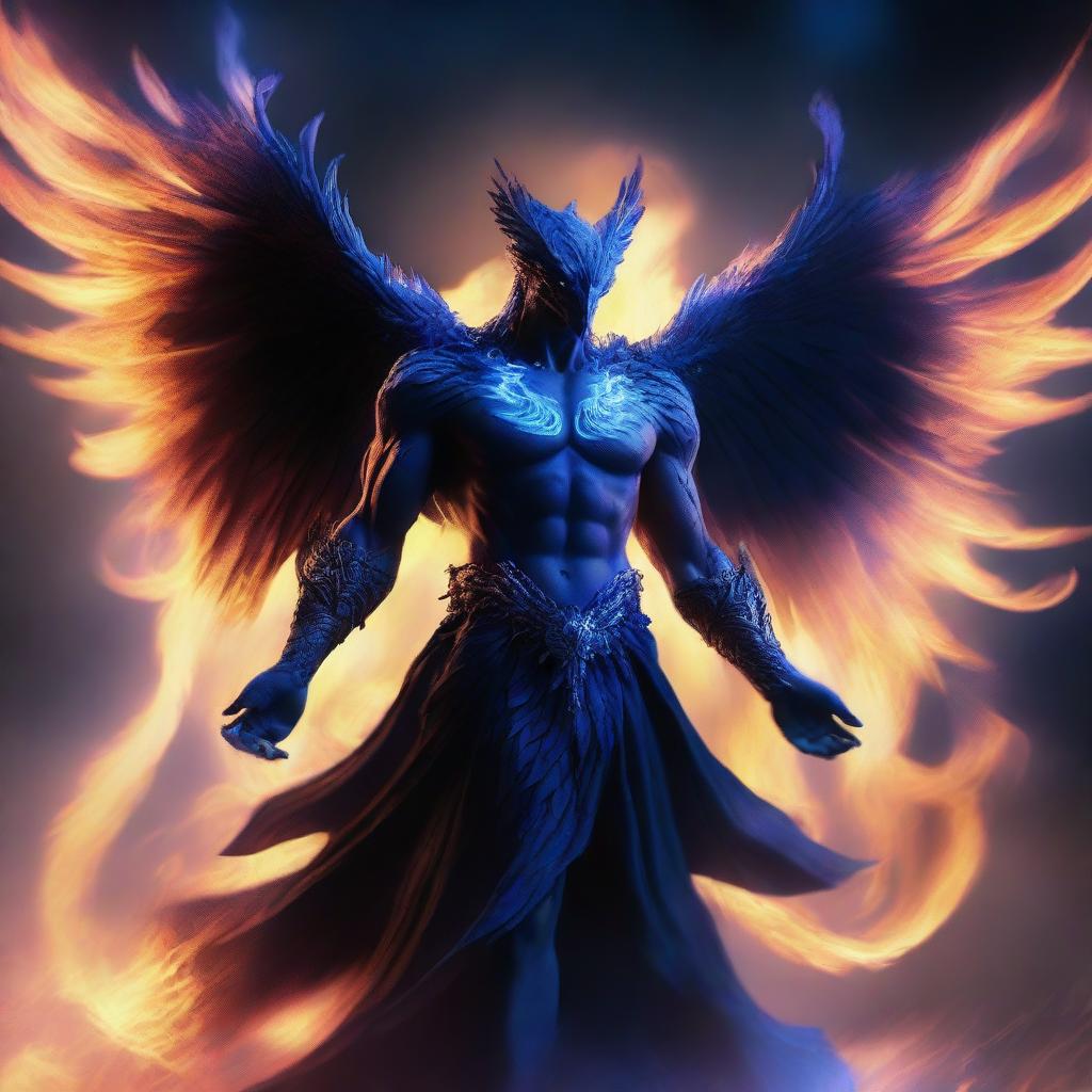 A humanoid man with a human face and wings of a majestic phoenix made of black and blue flames