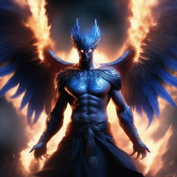 A humanoid man with a human face and wings of a majestic phoenix made of black and blue flames