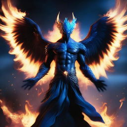 A humanoid man with a human face and wings of a majestic phoenix made of black and blue flames