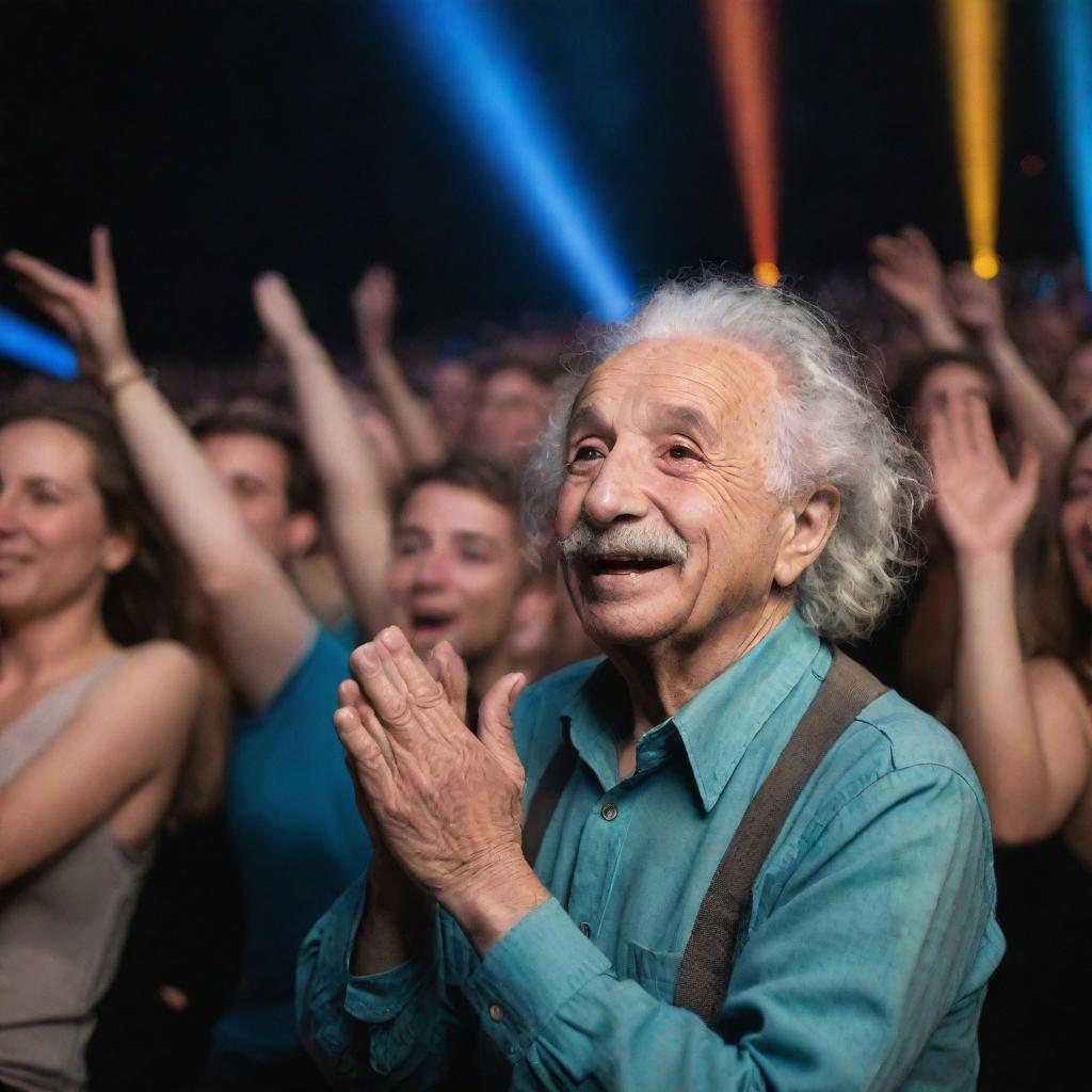 Albert Einstein enthusiastically watching a Coldplay concert. He's clapping and singing along, visibly enjoying the music amidst a vibrant crowd under the enchanting stage lights.