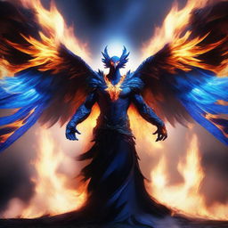 A humanoid man with a human face and wings of a majestic phoenix made of black and blue flames