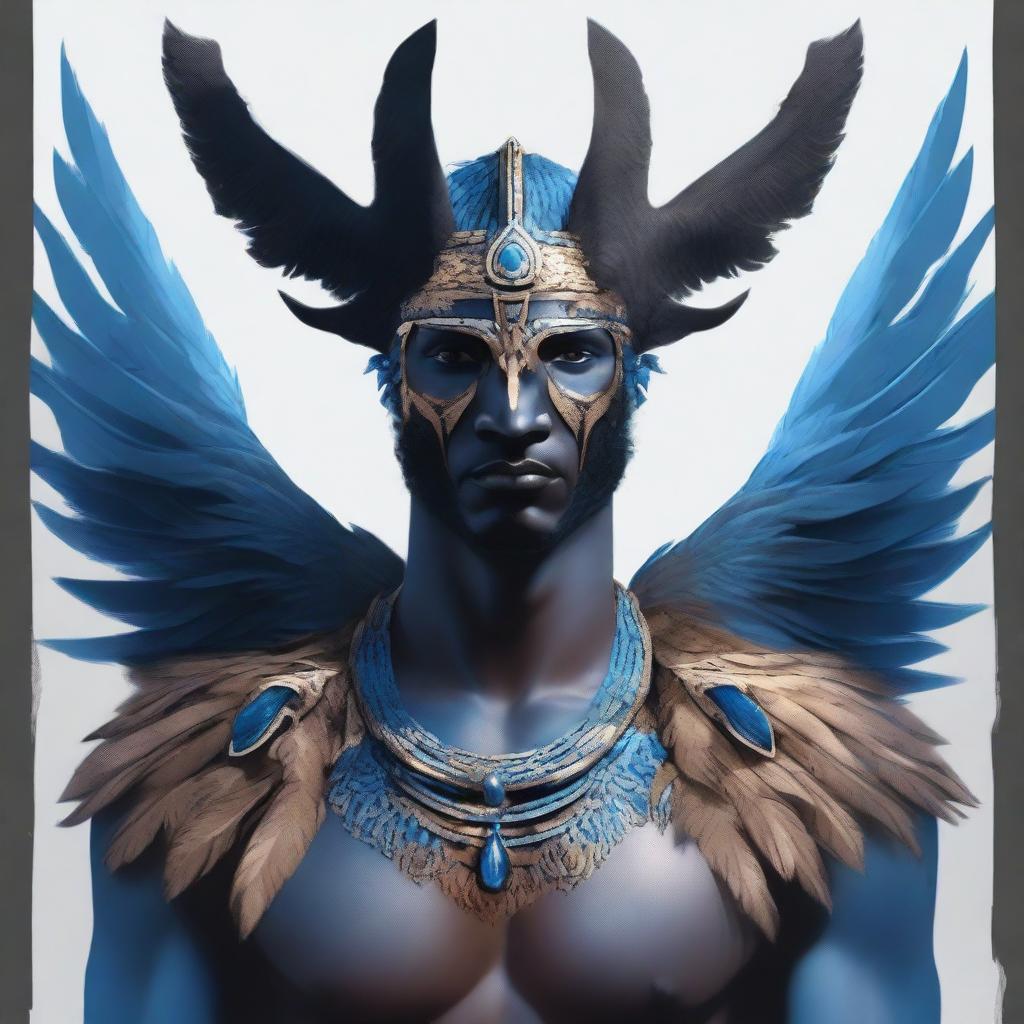 Un hombre humanoide con rostro humano y con alas de un imponente fénix hecho de llamas negras y azules