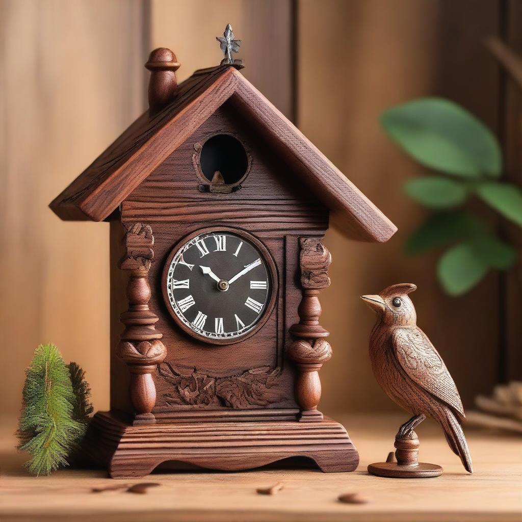 A detailed image of a traditional cuckoo clock with intricate wooden carvings and a small bird popping out