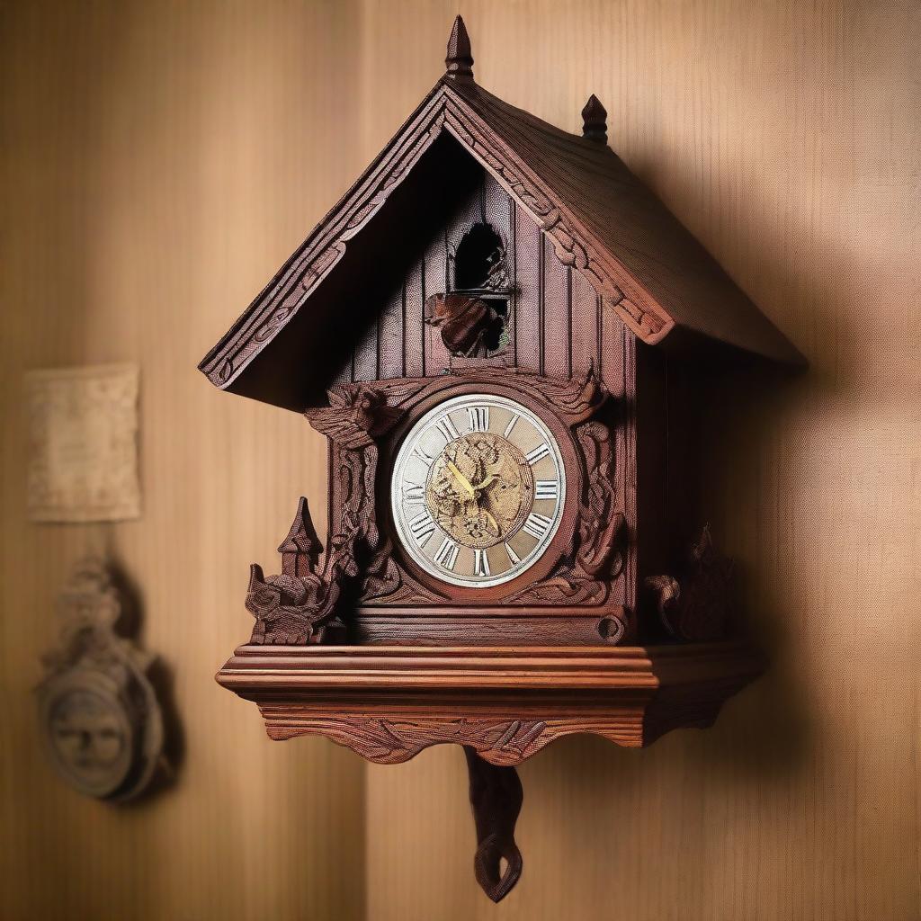 A detailed image of a traditional cuckoo clock with intricate wooden carvings and a small bird popping out