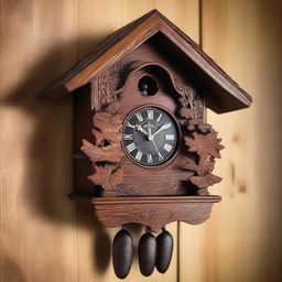 A detailed image of a traditional cuckoo clock with intricate wooden carvings and a small bird popping out