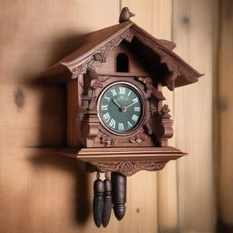 A detailed image of a traditional cuckoo clock with intricate wooden carvings and a small bird popping out