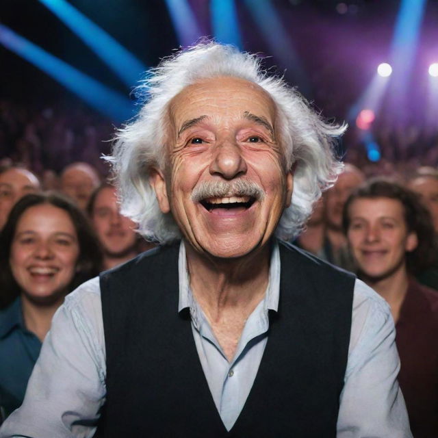 Albert Einstein enthusiastically watching a Coldplay concert. He's clapping and singing along, visibly enjoying the music amidst a vibrant crowd under the enchanting stage lights.