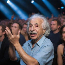 Albert Einstein enthusiastically watching a Coldplay concert. He's clapping and singing along, visibly enjoying the music amidst a vibrant crowd under the enchanting stage lights.