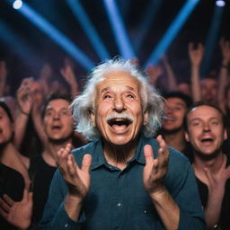 Albert Einstein enthusiastically watching a Coldplay concert. He's clapping and singing along, visibly enjoying the music amidst a vibrant crowd under the enchanting stage lights.