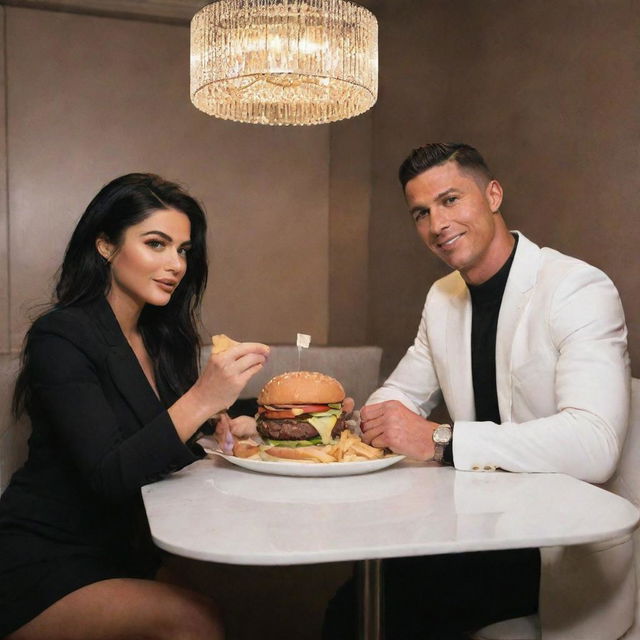 Cristiano Ronaldo and Kylie Jenner sitting together at a table, having a burger meal, in a cozy yet glamorous setting.