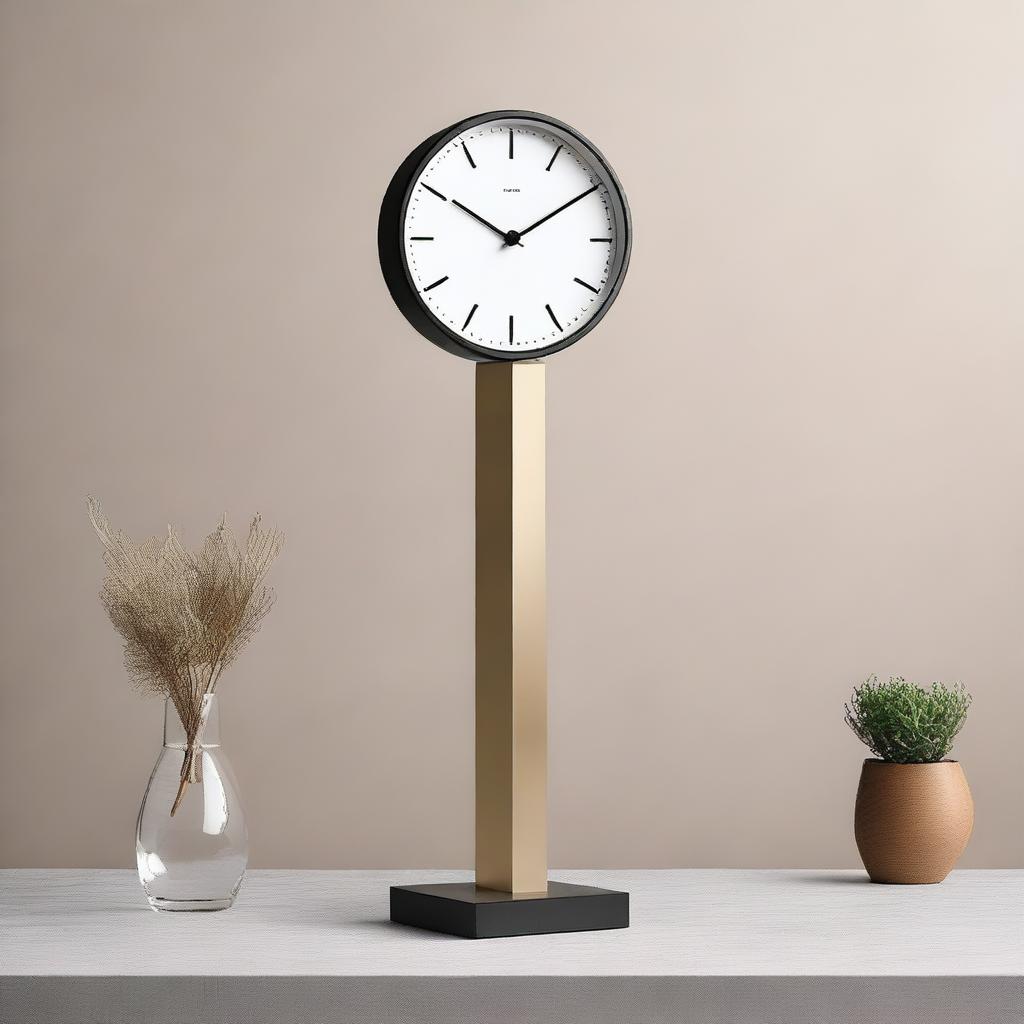 A sleek and modern pedestal clock with a tall, slim design, standing at 1