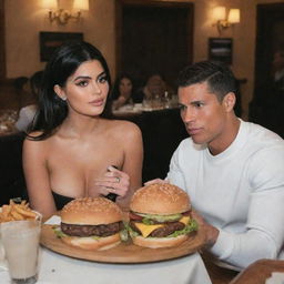 Cristiano Ronaldo and Kylie Jenner sitting together at a table, having a burger meal, in a cozy yet glamorous setting.