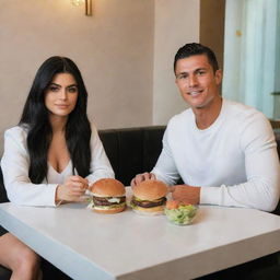 Cristiano Ronaldo and Kylie Jenner sitting together at a table, having a burger meal, in a cozy yet glamorous setting.