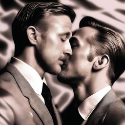 A surreal and artistic depiction of Ryan Gosling kissing another Ryan Gosling