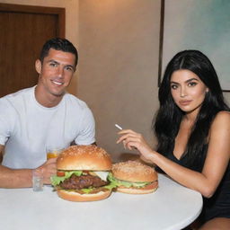 Cristiano Ronaldo and Kylie Jenner sitting together at a table, having a burger meal, in a cozy yet glamorous setting.