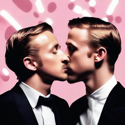 A surreal and artistic depiction of Ryan Gosling kissing another Ryan Gosling