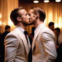 A surreal and artistic depiction of Ryan Gosling kissing another Ryan Gosling