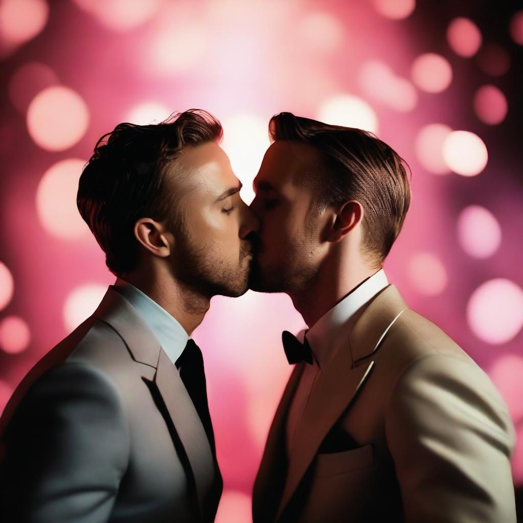 A surreal and artistic depiction of Ryan Gosling kissing Ryan Reynolds