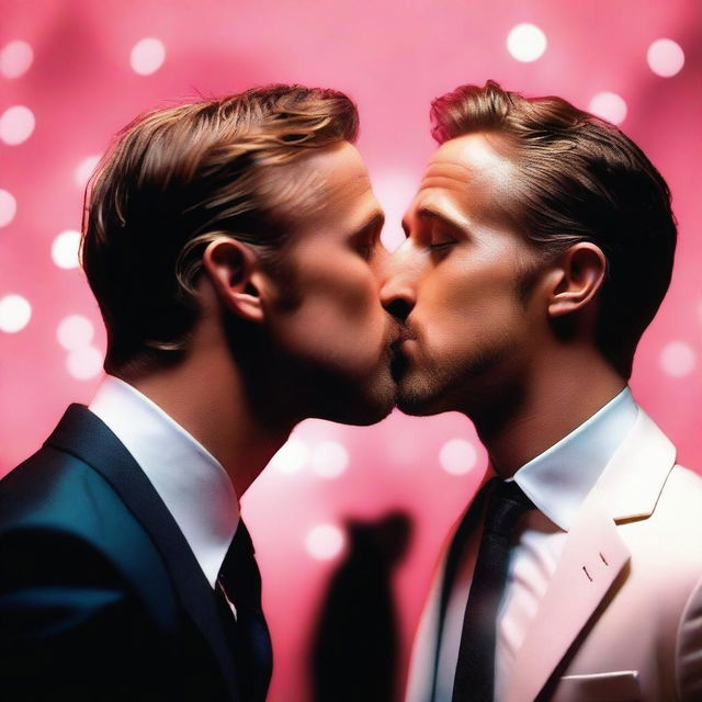 A surreal and artistic depiction of Ryan Gosling kissing Ryan Reynolds