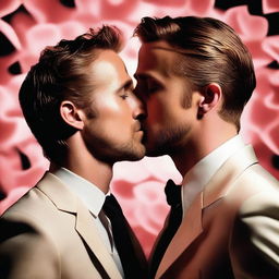 A surreal and artistic depiction of Ryan Gosling kissing Ryan Reynolds