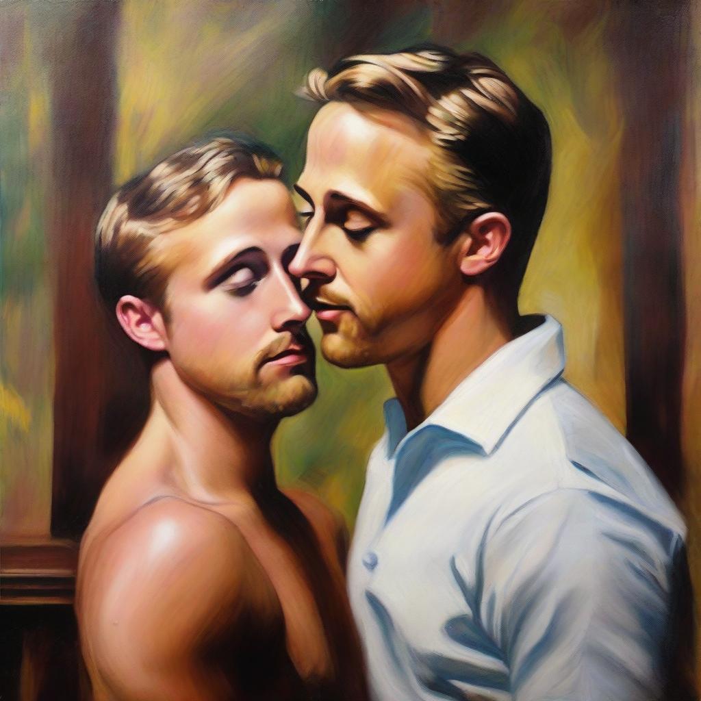 An oil painting of Ryan Gosling in love with another Ryan Gosling