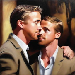 An oil painting of Ryan Gosling in love with another Ryan Gosling