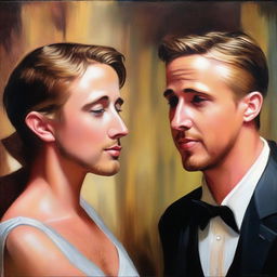 An oil painting of Ryan Gosling in love with another Ryan Gosling