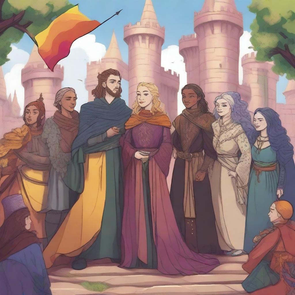 A vibrant and inclusive depiction of a Game of Thrones inspired scene featuring LGBTQ+ characters