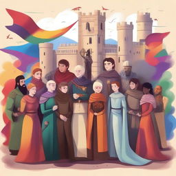 A vibrant and inclusive depiction of a Game of Thrones inspired scene featuring LGBTQ+ characters