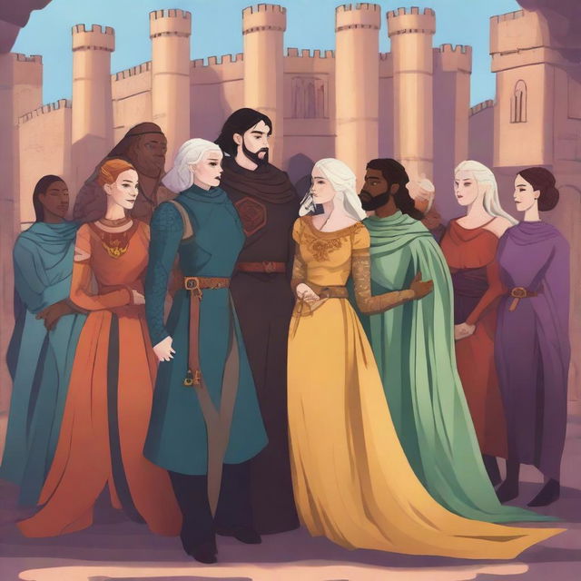 A vibrant and inclusive depiction of a Game of Thrones inspired scene featuring LGBTQ+ characters