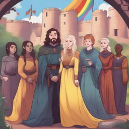 A vibrant and inclusive depiction of a Game of Thrones inspired scene featuring LGBTQ+ characters