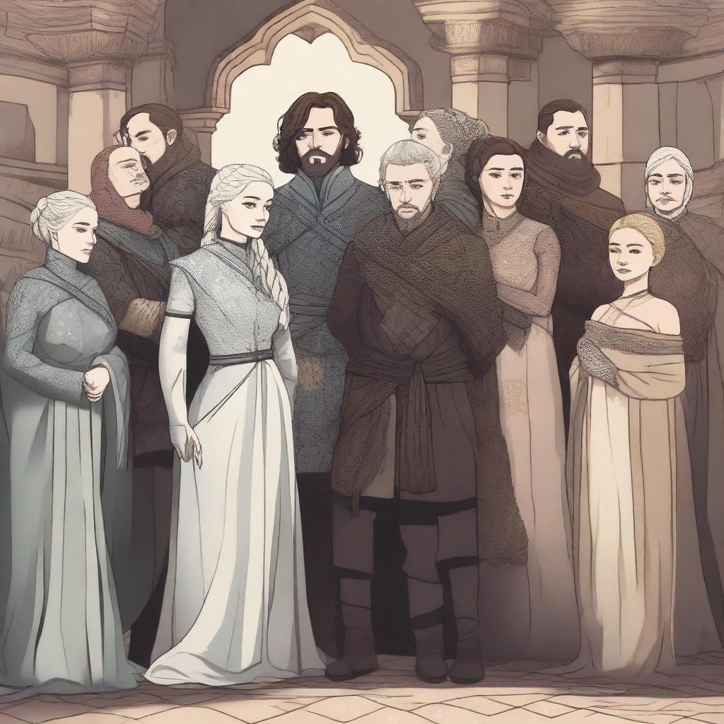 A scene from Game of Thrones featuring all main characters with a focus on LGBTQ+ representation