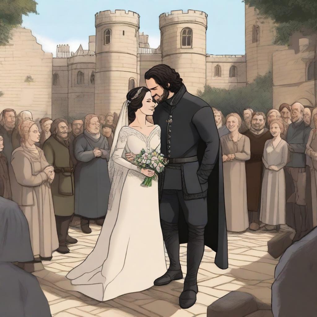 A detailed illustration of Jon Snow from Game of Thrones marrying a man in a beautiful medieval setting