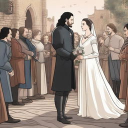 A detailed illustration of Jon Snow from Game of Thrones marrying a man in a beautiful medieval setting