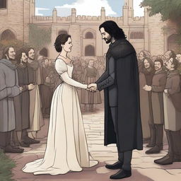 A detailed illustration of Jon Snow from Game of Thrones marrying a man in a beautiful medieval setting