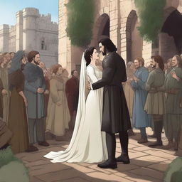 A detailed illustration of Jon Snow from Game of Thrones marrying a man in a beautiful medieval setting