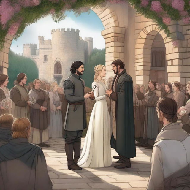 A detailed illustration of Jon Snow marrying Jaime Lannister from Game of Thrones in a beautiful medieval setting