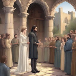 A detailed illustration of Jon Snow marrying Jaime Lannister from Game of Thrones in a beautiful medieval setting