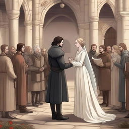 A detailed illustration of Jon Snow marrying Jaime Lannister from Game of Thrones in a beautiful medieval setting