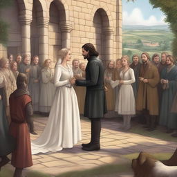 A detailed illustration of Jon Snow marrying Jaime Lannister from Game of Thrones in a beautiful medieval setting