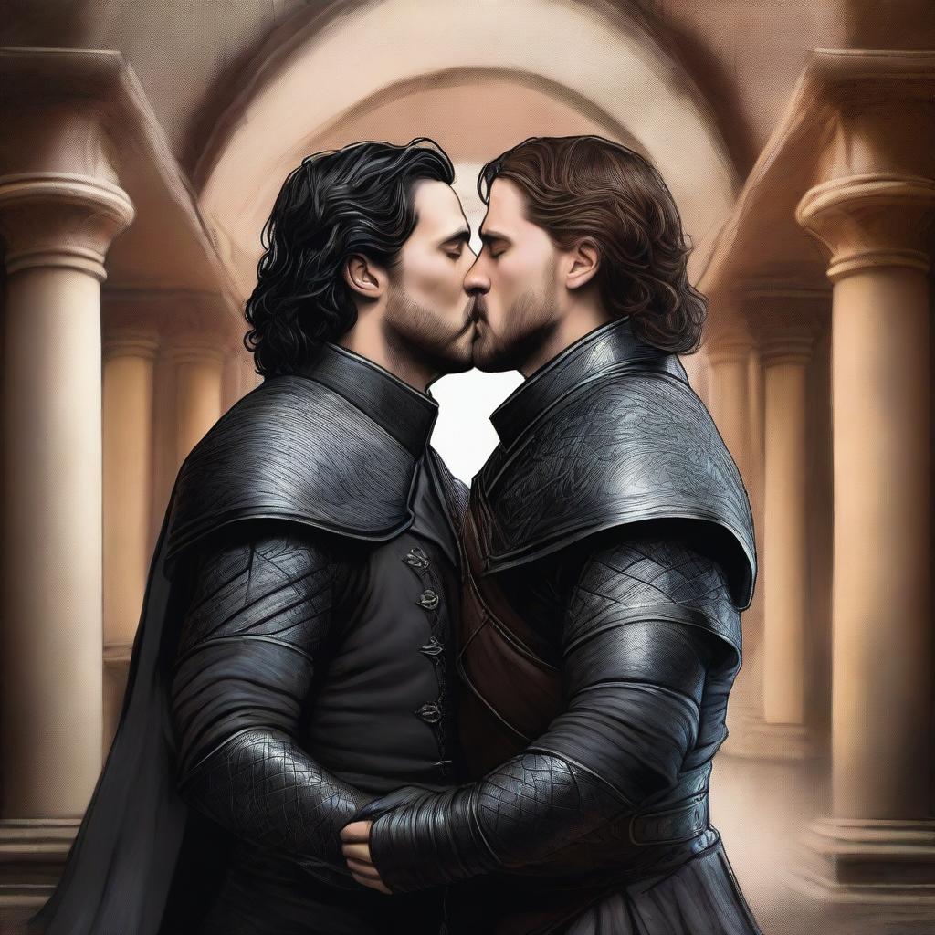 A realistic and detailed illustration of Jon Snow passionately kissing Jaime Lannister from Game of Thrones