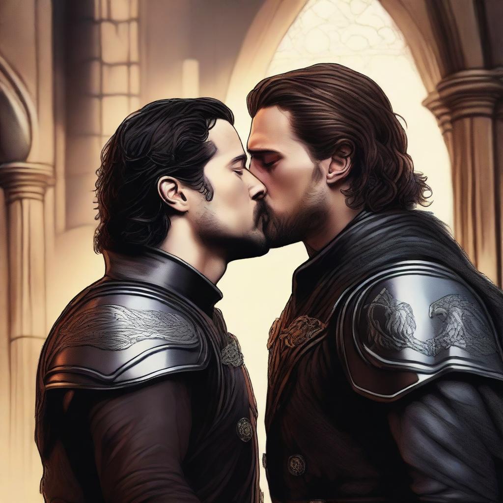 A realistic and detailed illustration of Jon Snow passionately kissing Jaime Lannister from Game of Thrones