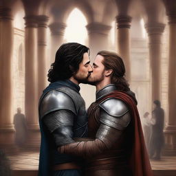 A realistic and detailed illustration of Jon Snow passionately kissing Jaime Lannister from Game of Thrones