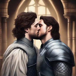 A realistic and detailed illustration of Jon Snow passionately kissing Jaime Lannister from Game of Thrones