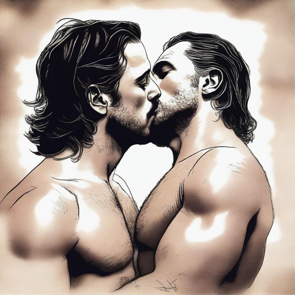 A realistic and detailed illustration of a shirtless Jon Snow passionately kissing a shirtless Jaime Lannister from Game of Thrones