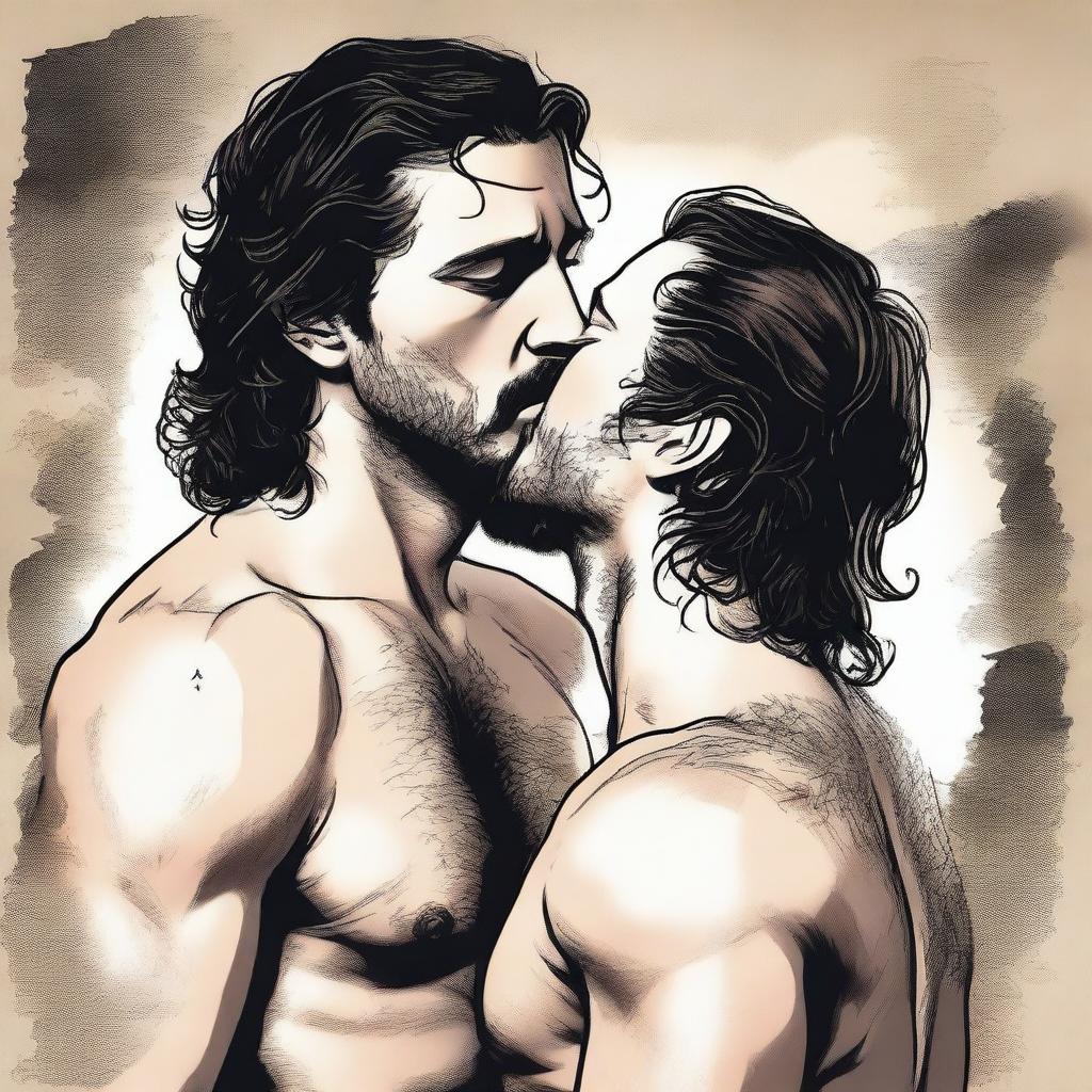 A realistic and detailed illustration of a shirtless Jon Snow passionately kissing a shirtless Jaime Lannister from Game of Thrones