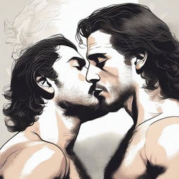 A realistic and detailed illustration of a shirtless Jon Snow passionately kissing a shirtless Jaime Lannister from Game of Thrones