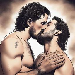 A realistic and detailed illustration of a shirtless Jon Snow passionately kissing a shirtless Jaime Lannister from Game of Thrones