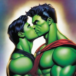 A realistic and detailed illustration of Hulkling and Wiccan from Marvel Comics sharing a romantic kiss