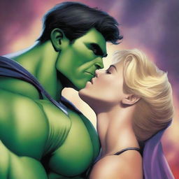 A realistic and detailed illustration of Hulkling and Wiccan from Marvel Comics sharing a romantic kiss